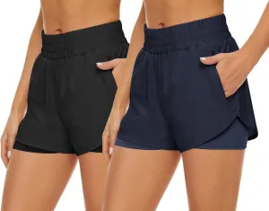 2 Pack Athletic Shorts for Women, Quick Dry Running Shorts with Pockets High Waisted Workout Gym Sports Shorts