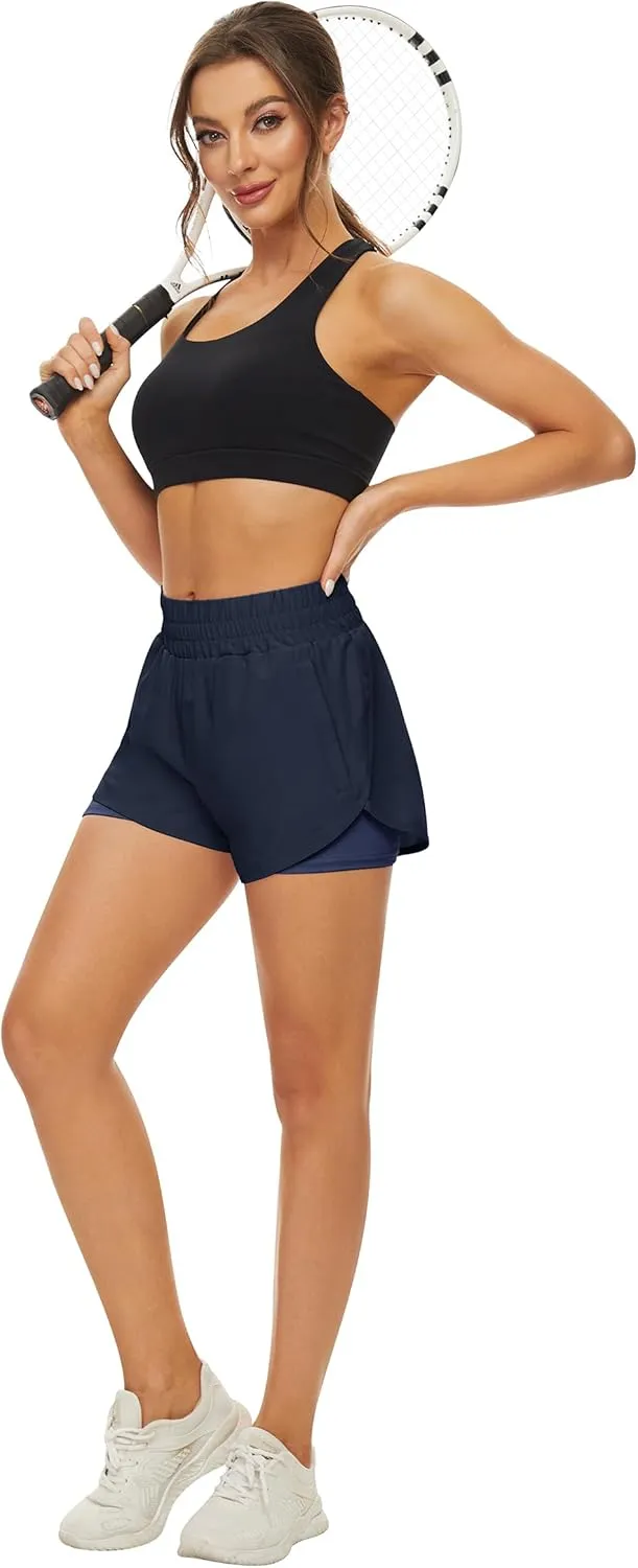 2 Pack Athletic Shorts for Women, Quick Dry Running Shorts with Pockets High Waisted Workout Gym Sports Shorts