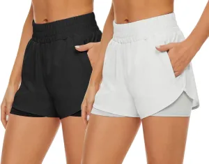 2 Pack Athletic Shorts for Women, Quick Dry Running Shorts with Pockets High Waisted Workout Gym Sports Shorts