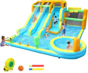 (2025 New) JOYMOR 11-in-1 Inflatable Water Slide for Kids Backyard w/ 2 Waterslide, 2 Basketball Hoop, Pool, Climbing Wall, Water Blasters, 1min Blow Up Water Slides Park w/ 750w Blower, Storage Bag