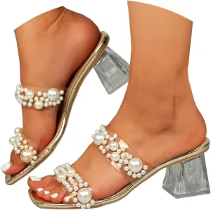2025 Women's Clear Heel Sandals Square Toe with Two Pearls Transparent Strap Slip On Chunky Heels Slides Orthopedic Comfy Cushion Footbed Sandal Ladies Low Heeled Sexy Dress Shoes