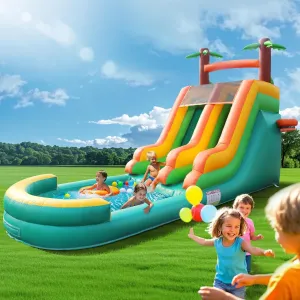 26.2X 17.4 x 9.8FT Inflatable Commercial Grade Water Slide with Pool and Air Blower for Adults, Premium 100% PVC Big Bounce House with Double Slides, Wet Dry Use, Summer Refreshing Party (Green)