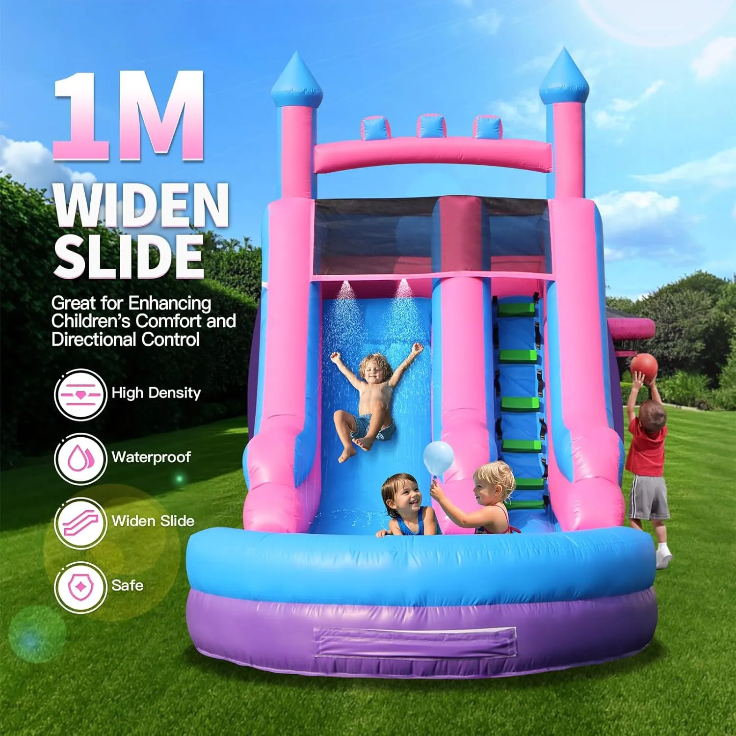 26FT Inflatable Water Slide for Kids, PVC Commercial Grade Water Slide with Splash Pool, 4-in-1 Water Slide with Climbing & Basketball Set & 1100W Air Blower for Birthday, Party Rental