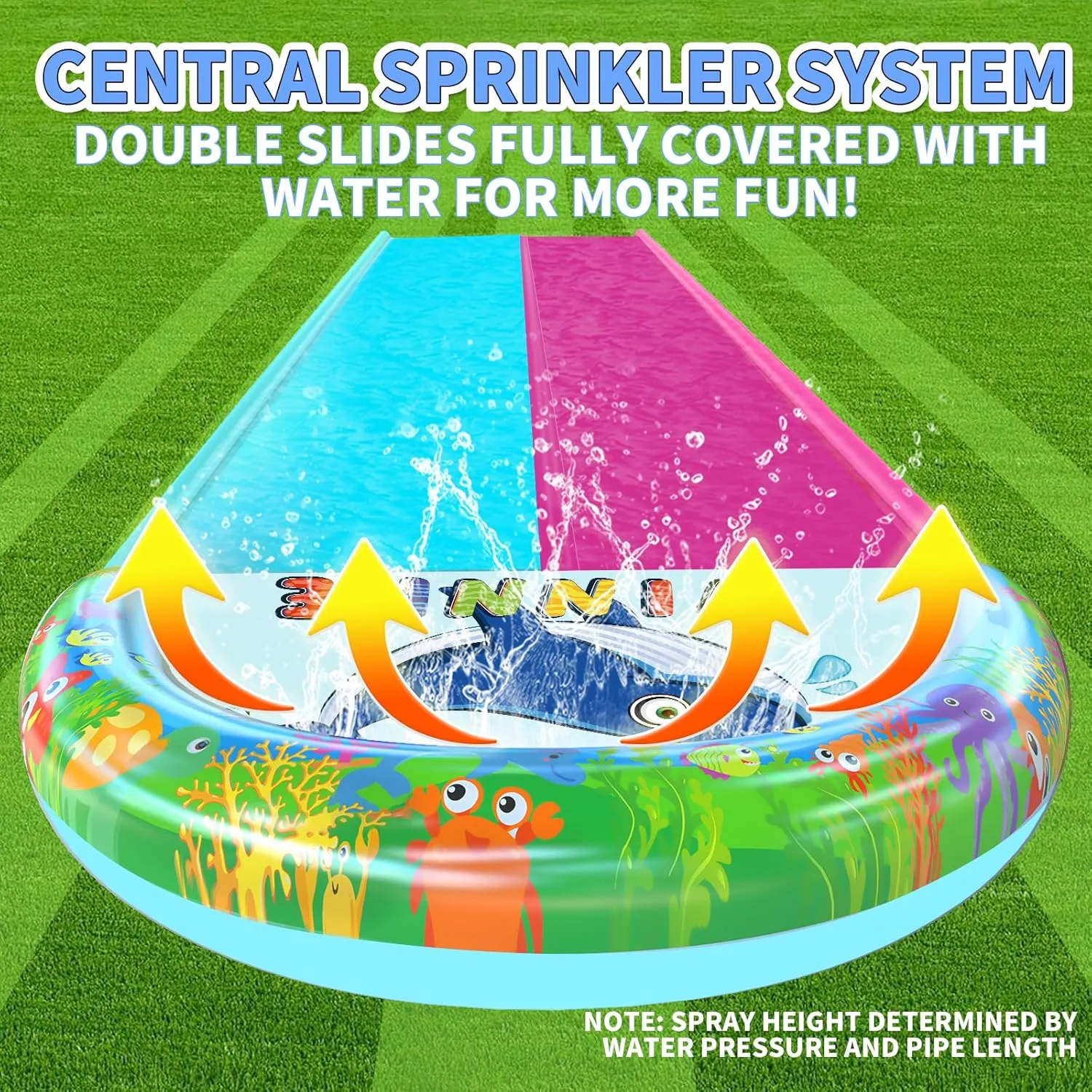 33FT Slip Lawn Water Slide for Kids Adults, Extra-Long Double Lanes Heavy Duty Slides & Side Fences, Giant Water Slide with Splash Pool, 2 Inflatable Bodyboards, Slip Backyard Summer Water Play Toy