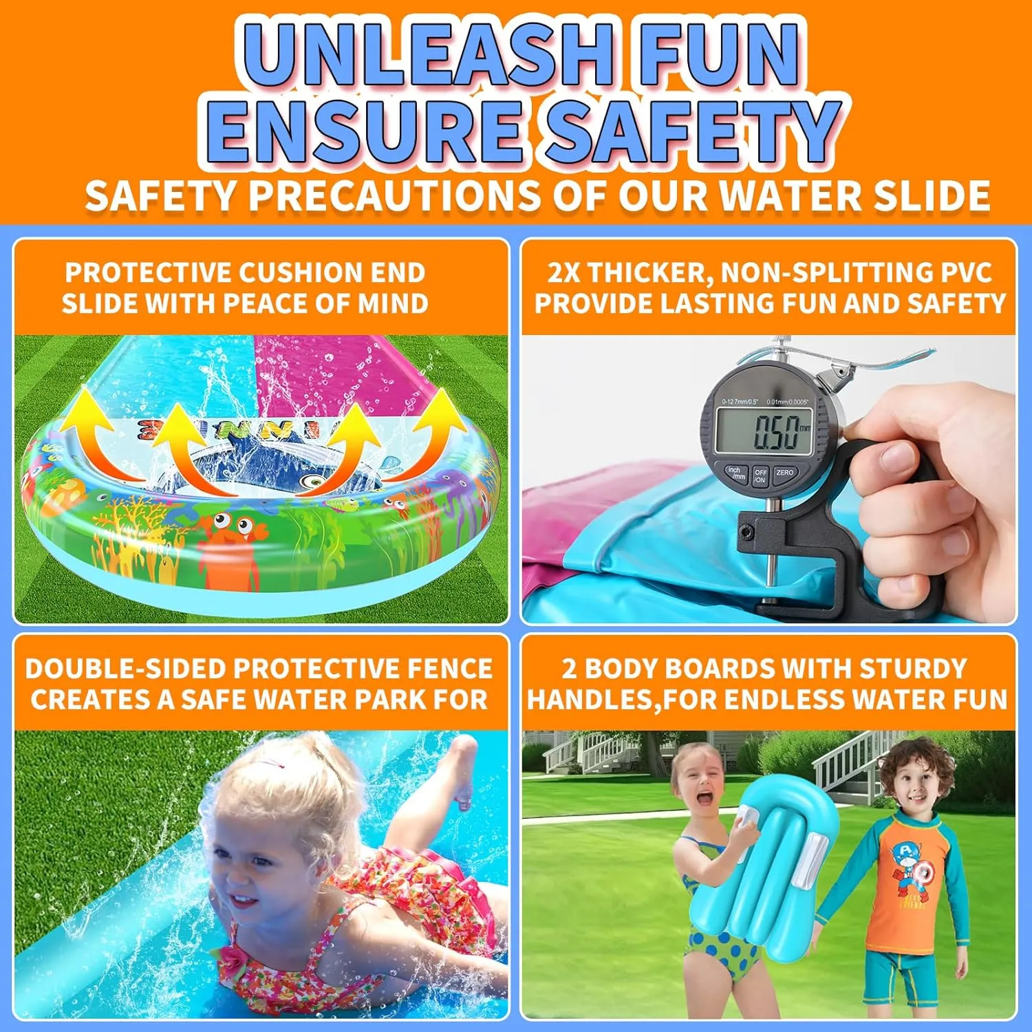 33FT Slip Lawn Water Slide for Kids Adults, Extra-Long Double Lanes Heavy Duty Slides & Side Fences, Giant Water Slide with Splash Pool, 2 Inflatable Bodyboards, Slip Backyard Summer Water Play Toy