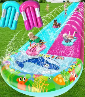 33FT Slip Lawn Water Slide for Kids Adults, Extra-Long Double Lanes Heavy Duty Slides & Side Fences, Giant Water Slide with Splash Pool, 2 Inflatable Bodyboards, Slip Backyard Summer Water Play Toy