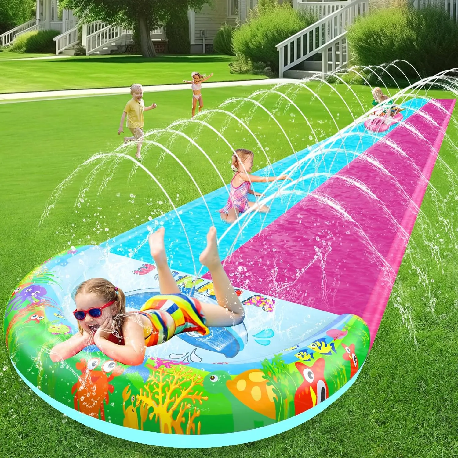 33FT Slip Lawn Water Slide for Kids Adults, Extra-Long Double Lanes Heavy Duty Slides & Side Fences, Giant Water Slide with Splash Pool, 2 Inflatable Bodyboards, Slip Backyard Summer Water Play Toy
