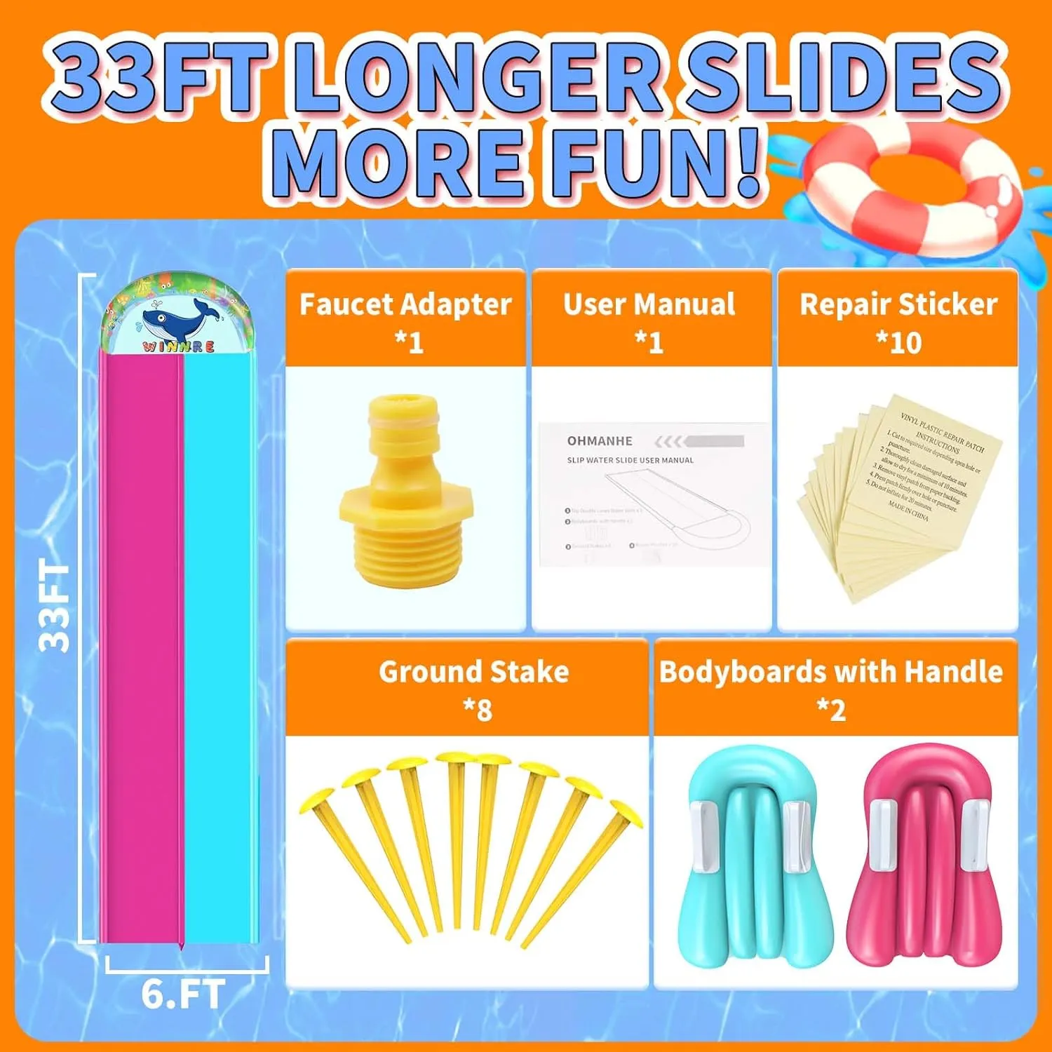 33FT Slip Lawn Water Slide for Kids Adults, Extra-Long Double Lanes Heavy Duty Slides & Side Fences, Giant Water Slide with Splash Pool, 2 Inflatable Bodyboards, Slip Backyard Summer Water Play Toy