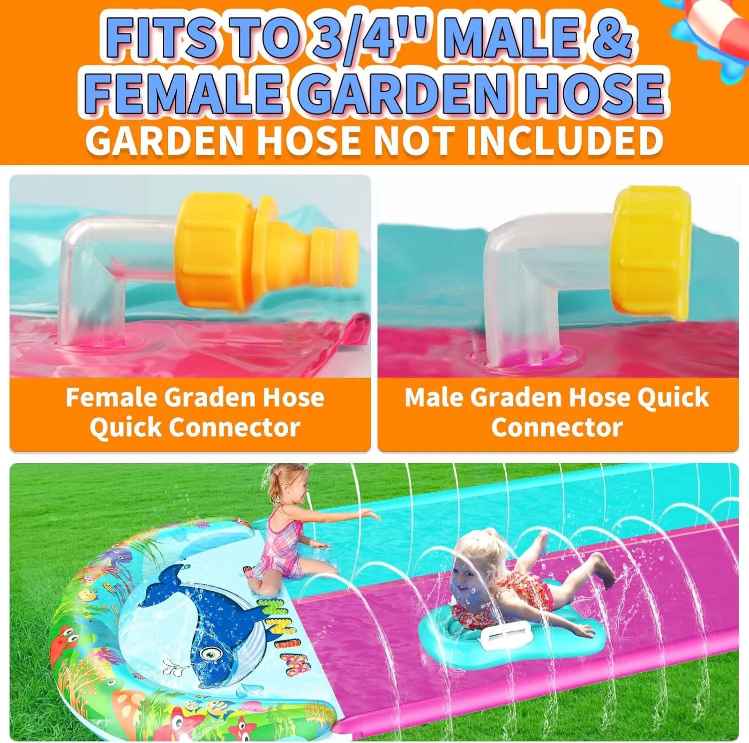 33FT Slip Lawn Water Slide for Kids Adults, Extra-Long Double Lanes Heavy Duty Slides & Side Fences, Giant Water Slide with Splash Pool, 2 Inflatable Bodyboards, Slip Backyard Summer Water Play Toy