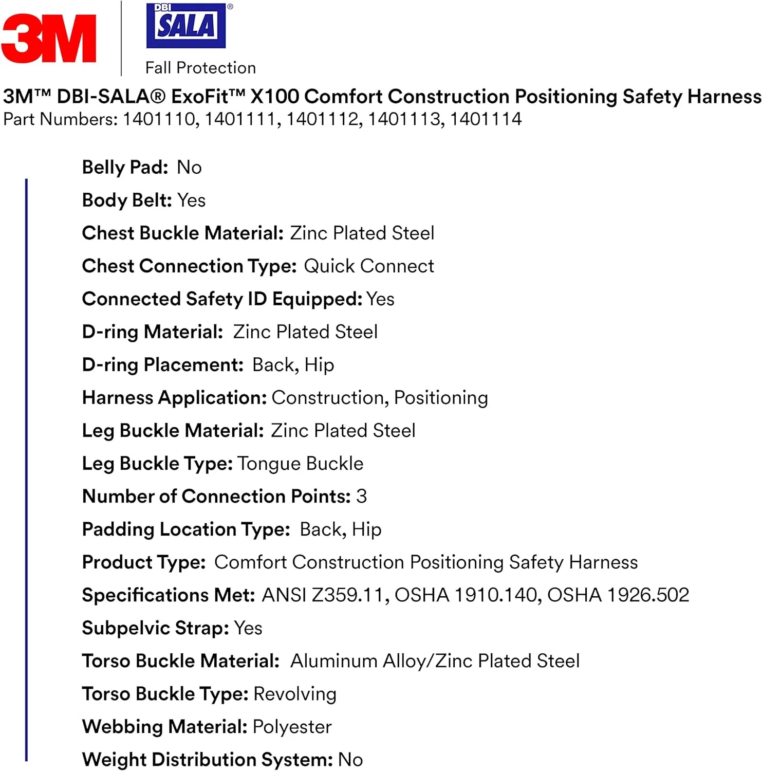 3M DBI-SALA ExoFit X100 Comfort Construction Positioning Safety Harness, OSHA, ANSI, 3 D-Ring Connections, Tongue Leg Buckles, Quick Connect Chest Buckle, 1401110, Small