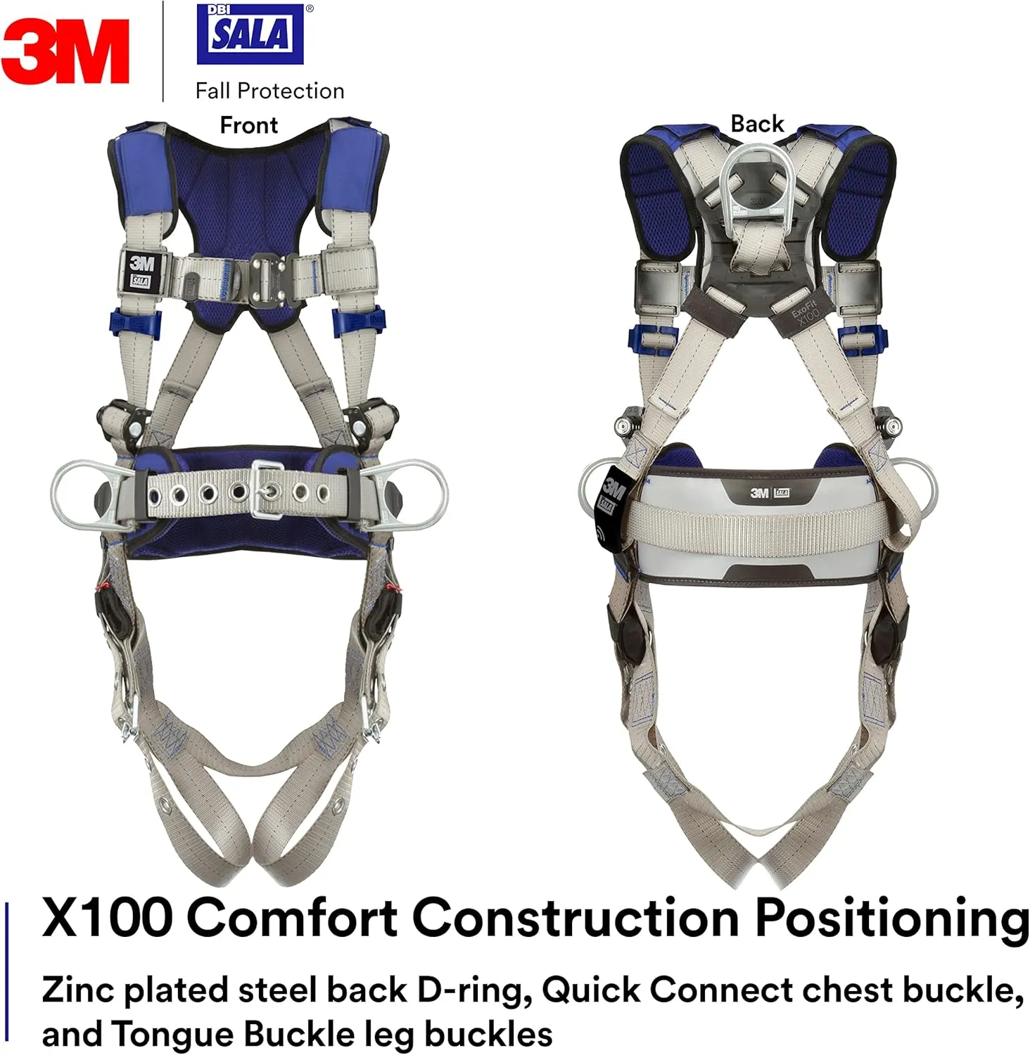 3M DBI-SALA ExoFit X100 Comfort Construction Positioning Safety Harness, OSHA, ANSI, 3 D-Ring Connections, Tongue Leg Buckles, Quick Connect Chest Buckle, 1401110, Small