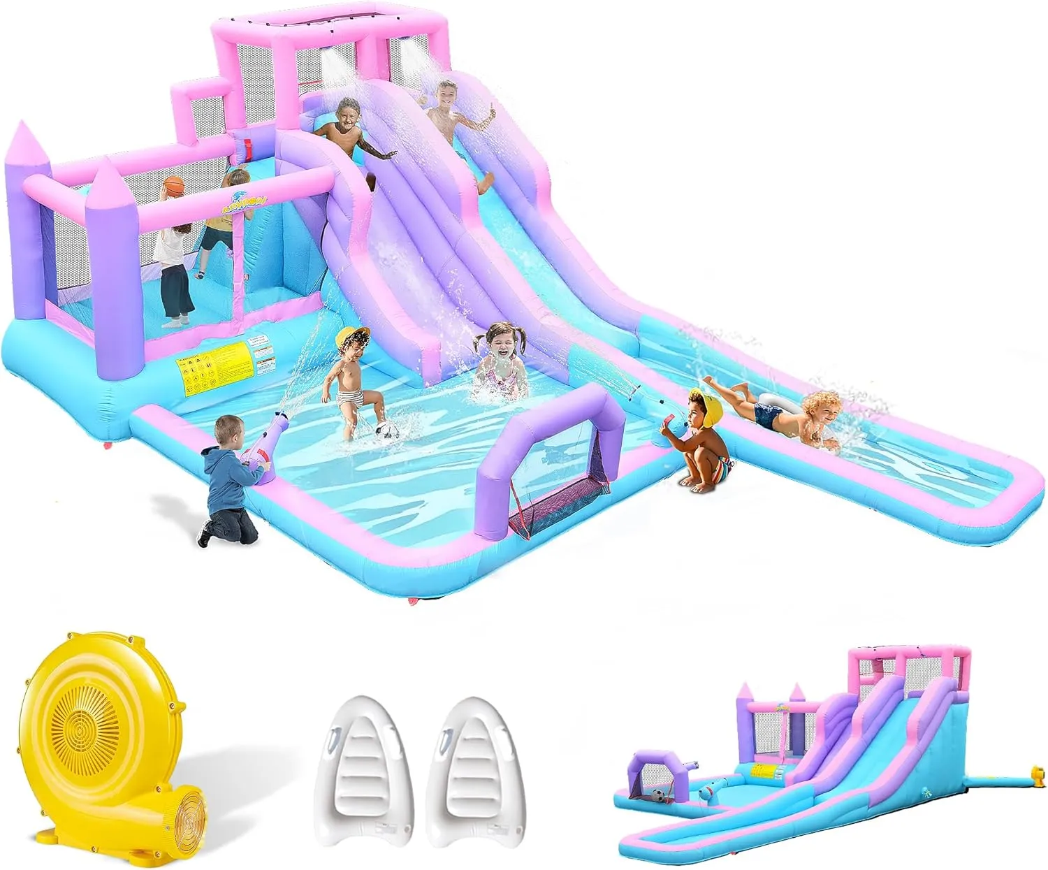 8 in1 20Ftx12Ft Inflatable Water Slide with 17.9ft Long Slide Backyard Bounce House for Kids, Water Slides Park with 2 Inflatable Bodyboards for Ages 3-10, Includes 650W Blower