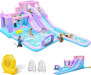 8 in1 20Ftx12Ft Inflatable Water Slide with 17.9ft Long Slide Backyard Bounce House for Kids, Water Slides Park with 2 Inflatable Bodyboards for Ages 3-10, Includes 650W Blower