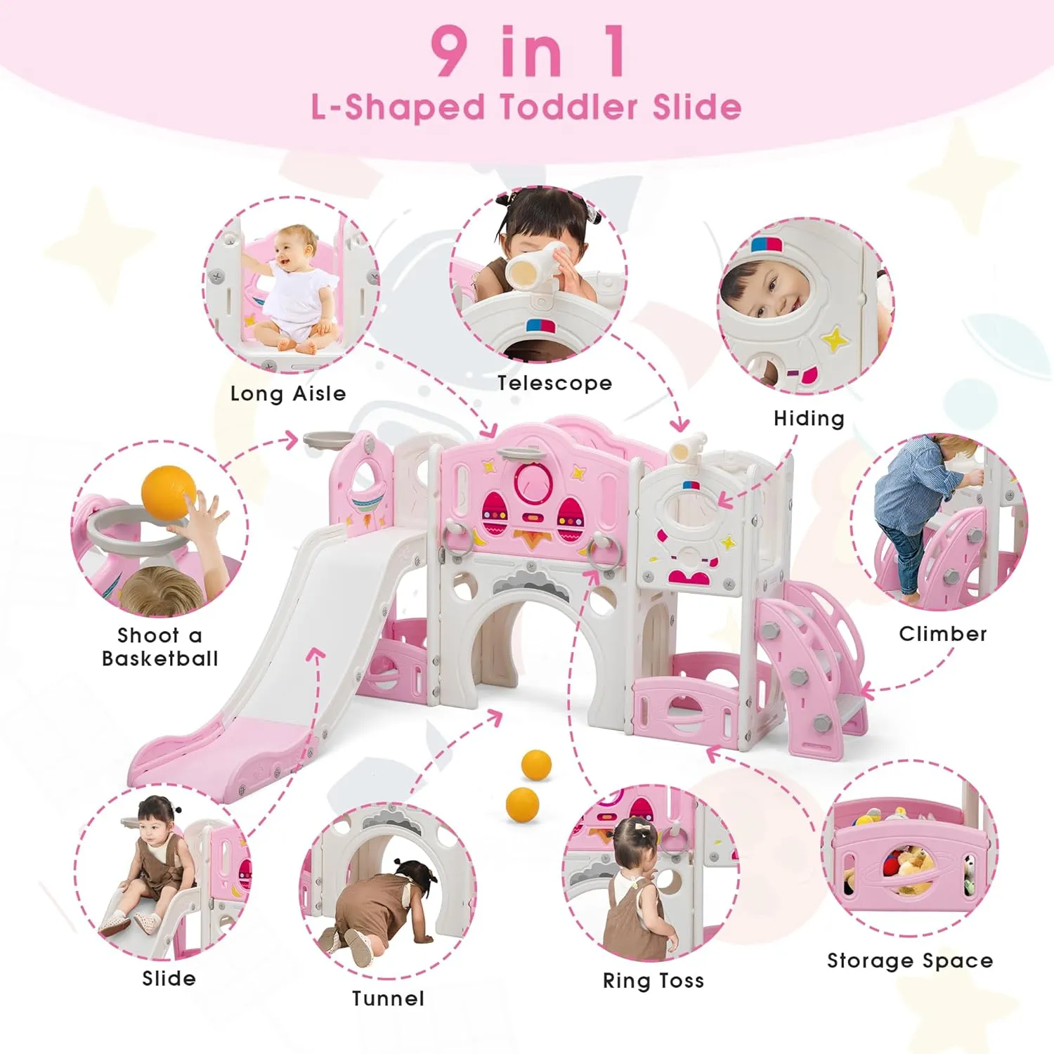9 in 1 Toddler Slide and Climber Playset Freestanding Backyard Playground for Children Age 1-4, Indoor Outdoor Kids Slide with Basketball Hoop,Telescope, Ring-toss and Storage Space