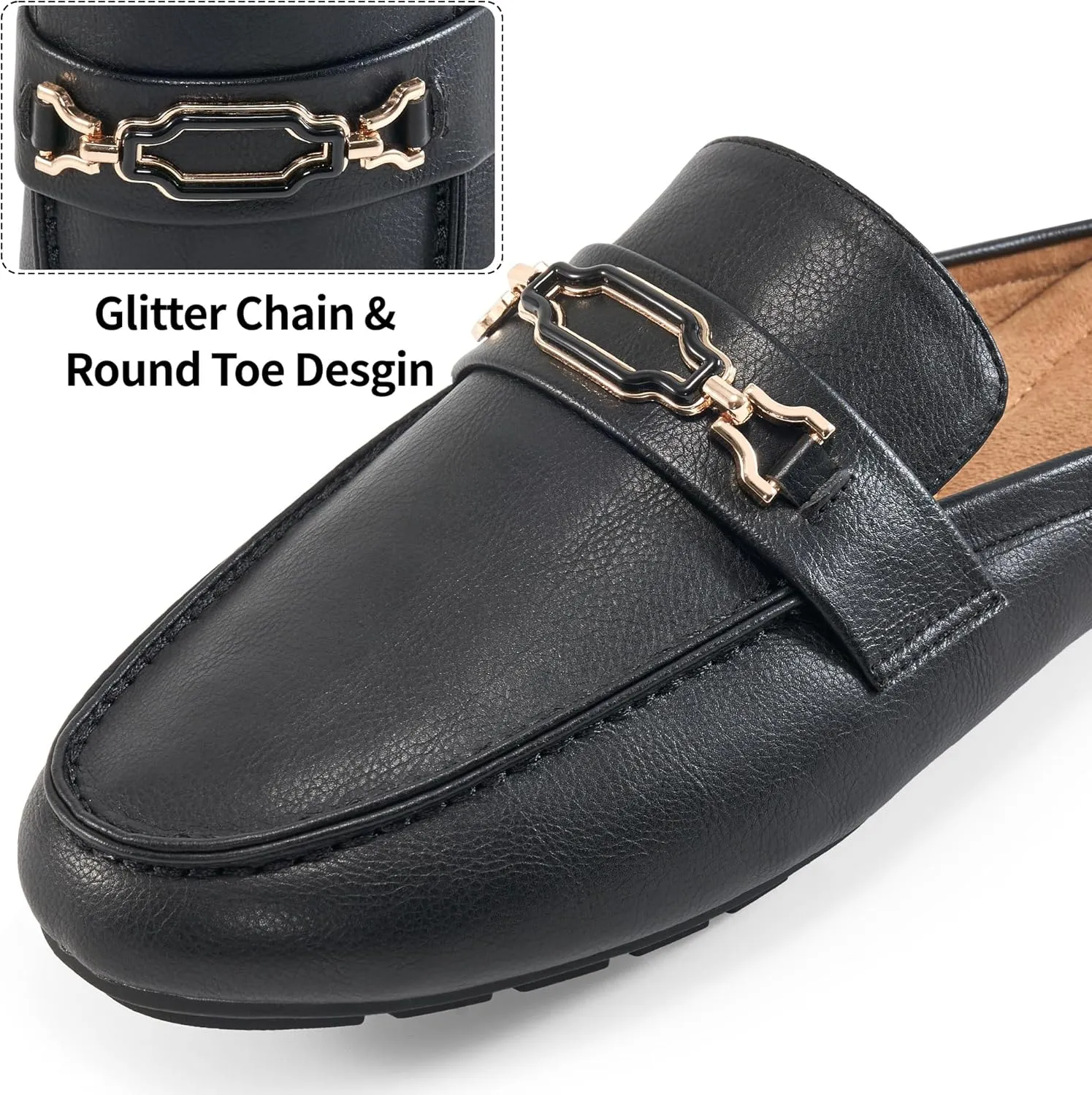 Ablanczoom Mules for Women Flat Shoes: Comfortable Slip on Flats for Womens Mule Metal Chain Backless Loafers Business Casual Shoe