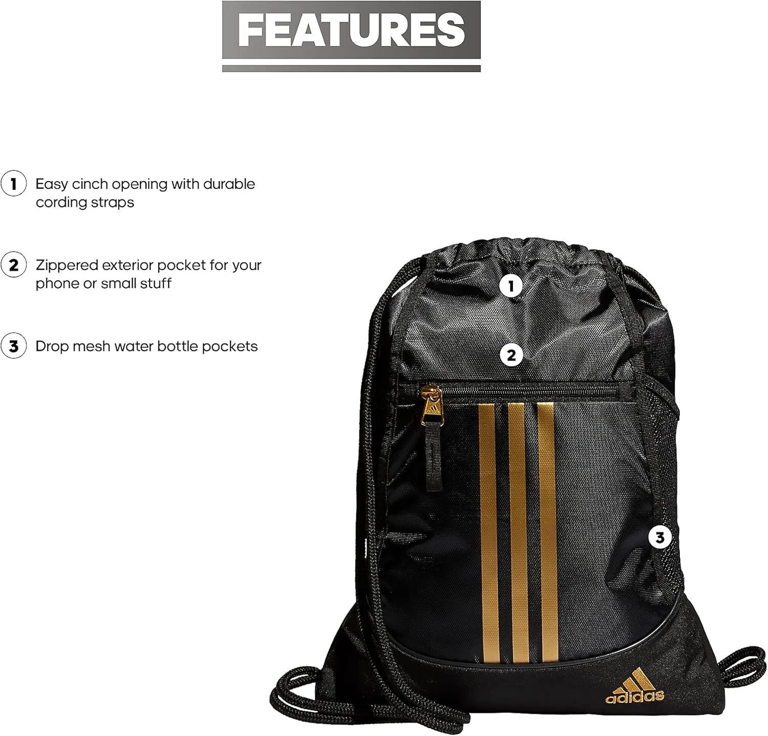 adidas Alliance Sackpack, Drawstring, Lightweight Small Gym Bag for Women, Soccer Backpack, Black/Gold Metallic/Black, One Size