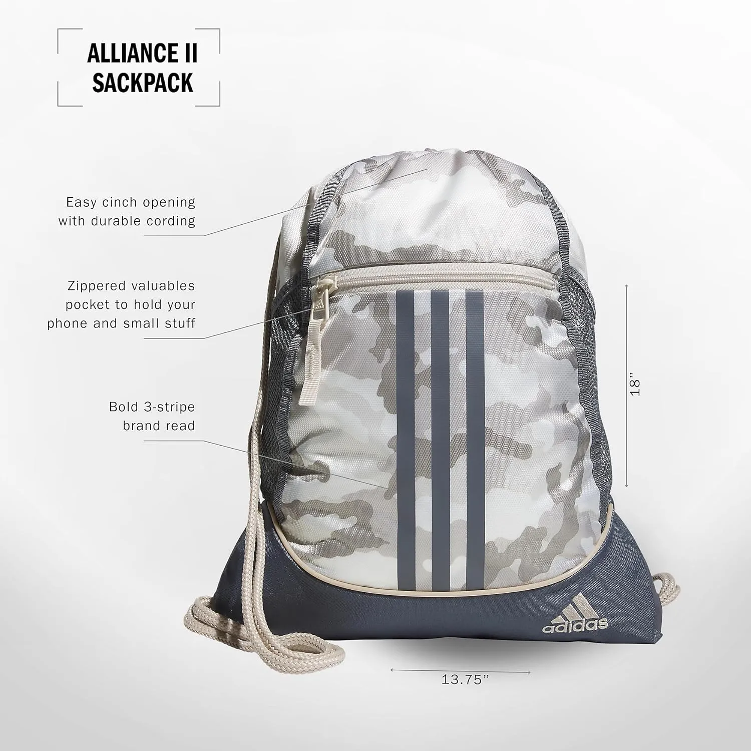 adidas Alliance Sackpack, Drawstring, Lightweight Small Gym Bag for Women, Soccer Backpack, Camouflage Wonder Beige/Onix Grey/Alumina Beige, One Size