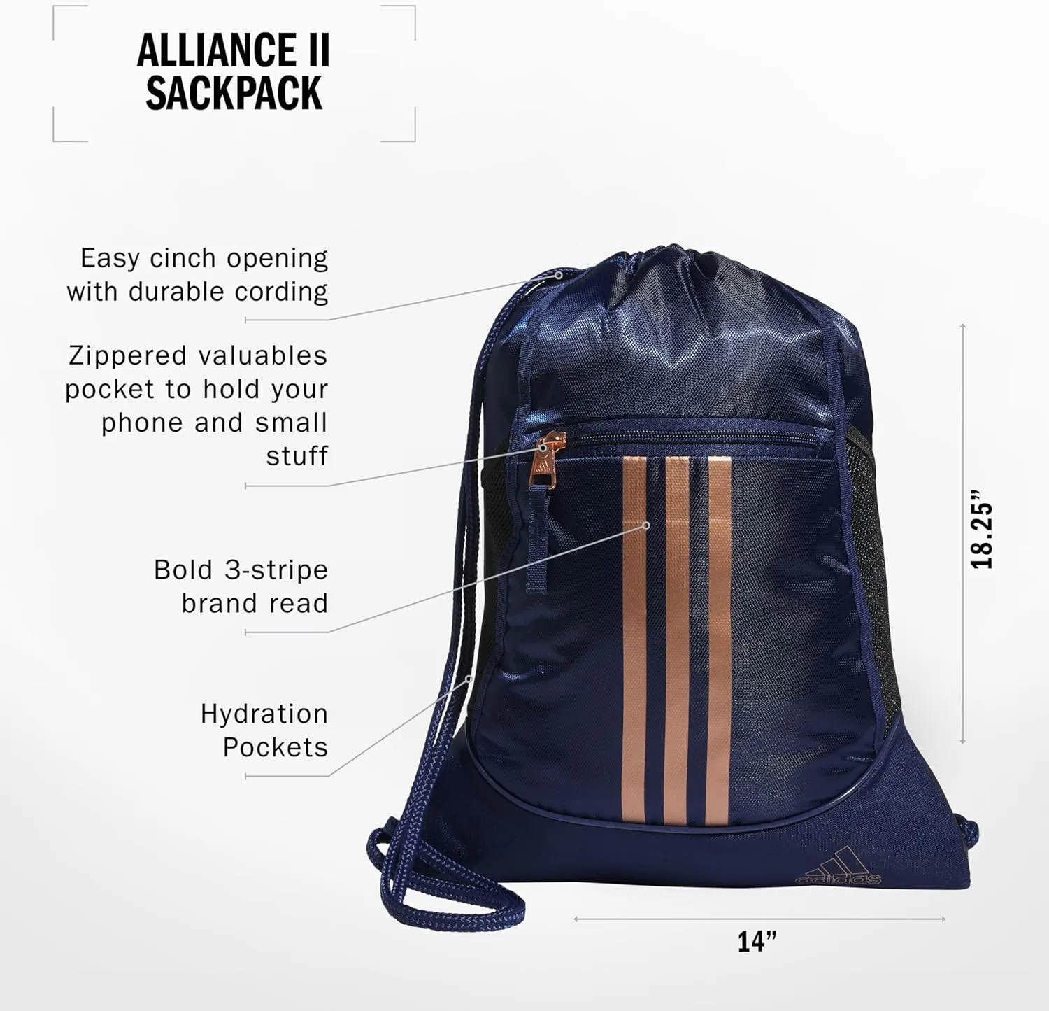 adidas Alliance Sackpack, Drawstring, Lightweight Small Gym Bag for Women, Soccer Backpack, Dark Blue/Rose Gold, One Size