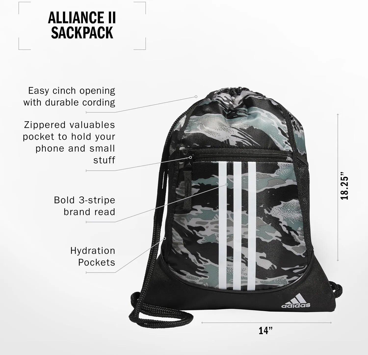 adidas Alliance Sackpack, Drawstring, Lightweight Small Gym Bag for Women, Soccer Backpack, Essential Camo Silver Green-Black/White/Black, One Size