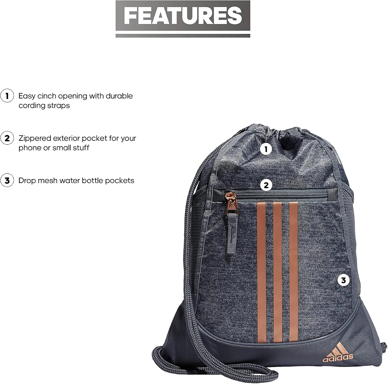 adidas Alliance Sackpack, Drawstring, Lightweight Small Gym Bag for Women, Soccer Backpack, Jersey Onix Grey/Rose Gold, One Size