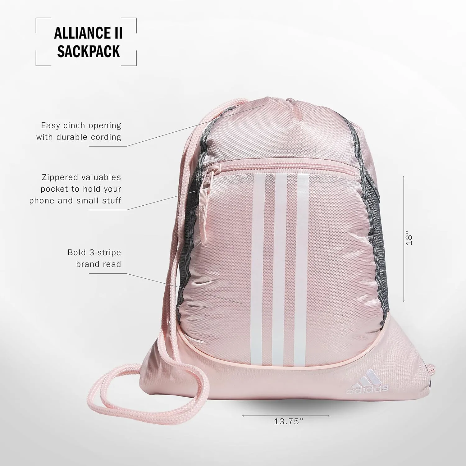 adidas Alliance Sackpack, Drawstring, Lightweight Small Gym Bag for Women, Soccer Backpack, Sandy Pink/White, One Size
