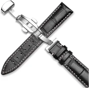 Adjustable Watch Band, Stylish Watch Straps for Men Women,Watchband 18mm/19mm/20mm/21mm/22mm/24mm Calf Leather Watch Band(Silver Black,23mm)