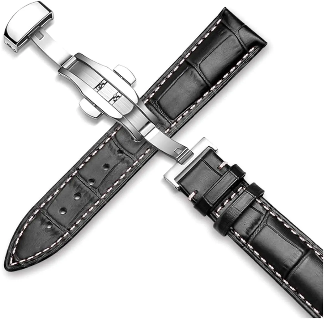 Adjustable Watch Band, Stylish Watch Straps for Men Women,Watchband 18mm/19mm/20mm/21mm/22mm/24mm Calf Leather Watch Band(Silver Black,23mm)