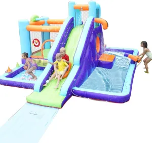 AirMyFun Inflatable Water Slide Kids Bounce House with Blower Extended Waterslide Water Park Outdoor Dry and Wet Double Use