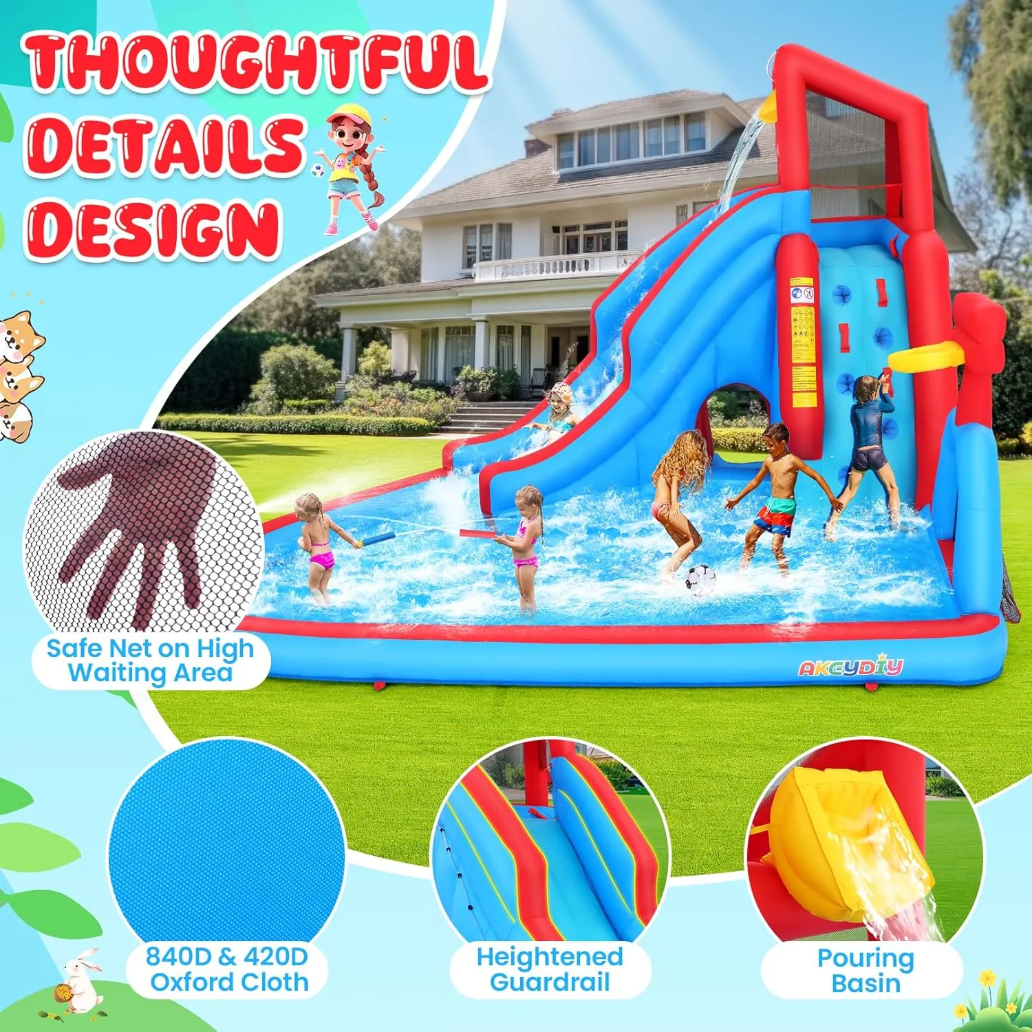 AKEYDIY Water Slide Inflatable Pouring Fun Water Bounce House Park for Kids Backyard Outdoor Fun with Blower, Blow up Water Slide Castle w/Climbing Wall, Long Slide, Pool, Water Gun & Basketball Hoop