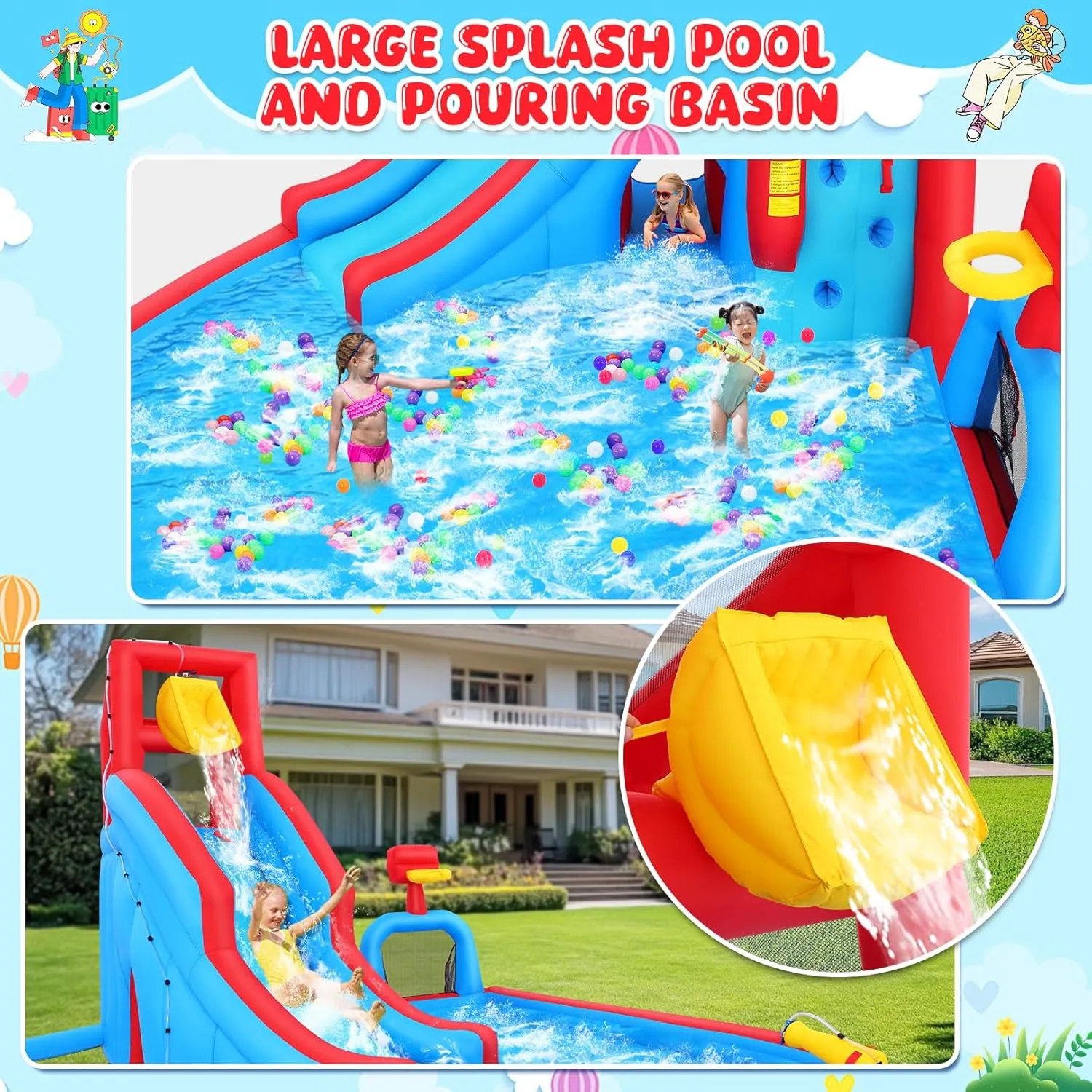AKEYDIY Water Slide Inflatable Pouring Fun Water Bounce House Park for Kids Backyard Outdoor Fun with Blower, Blow up Water Slide Castle w/Climbing Wall, Long Slide, Pool, Water Gun & Basketball Hoop