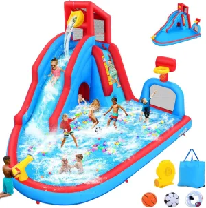 AKEYDIY Water Slide Inflatable Pouring Fun Water Bounce House Park for Kids Backyard Outdoor Fun with Blower, Blow up Water Slide Castle w/Climbing Wall, Long Slide, Pool, Water Gun & Basketball Hoop