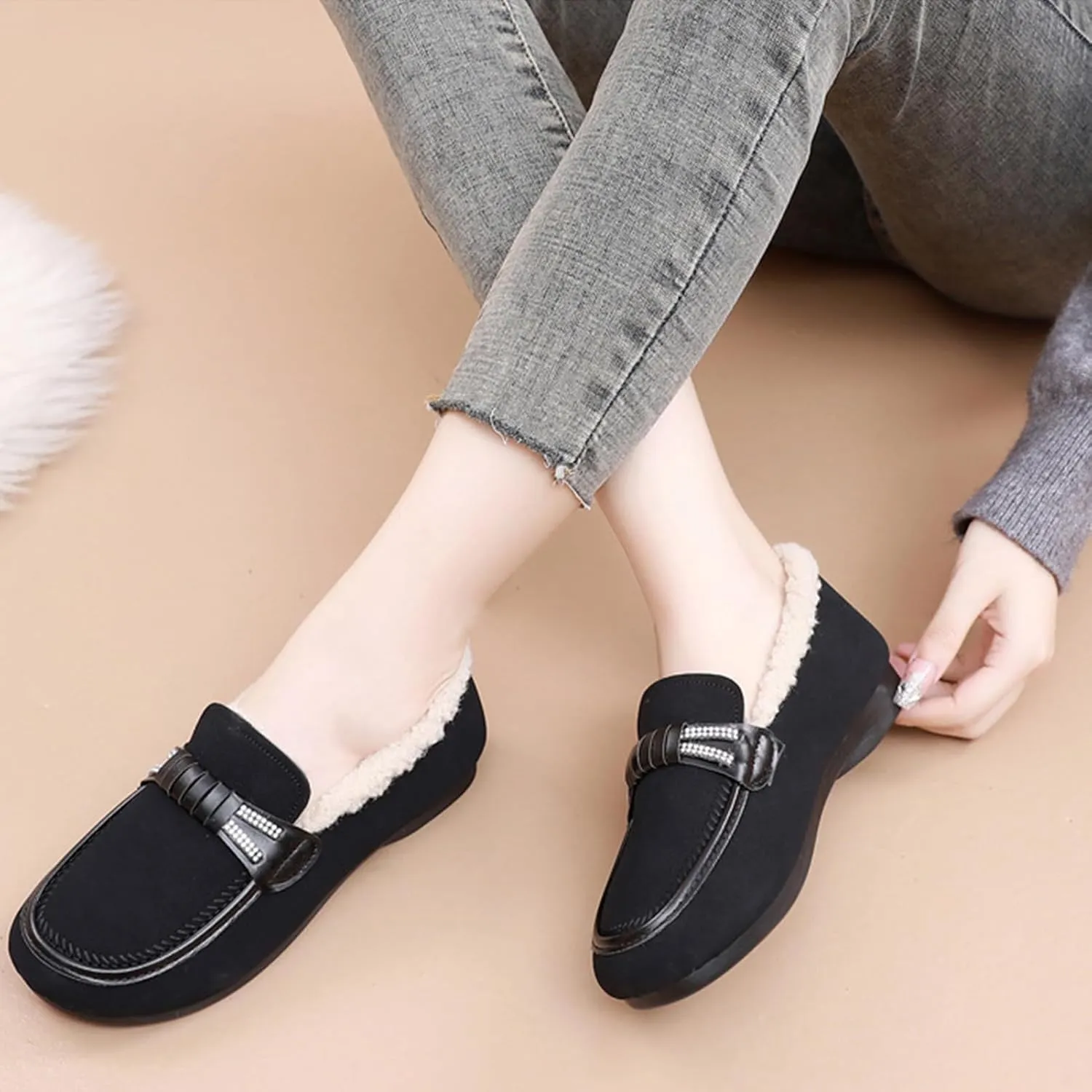 Alexis Leroy Women's Memory Foam Moccasin Slippers Fuzzy Indoor/Outdoor Slip-On Faux Fur Lining Loafers
