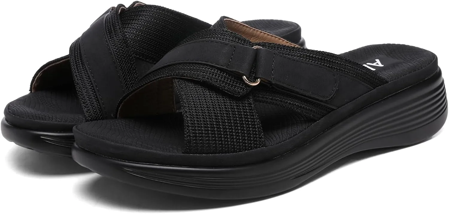 Altxic Women's Open Toe Crisscross Woven Comfy Casual Slip On Casual Walking Sport Slide Sandals With Adjustable Buckle Strap Summer Beach Shoe
