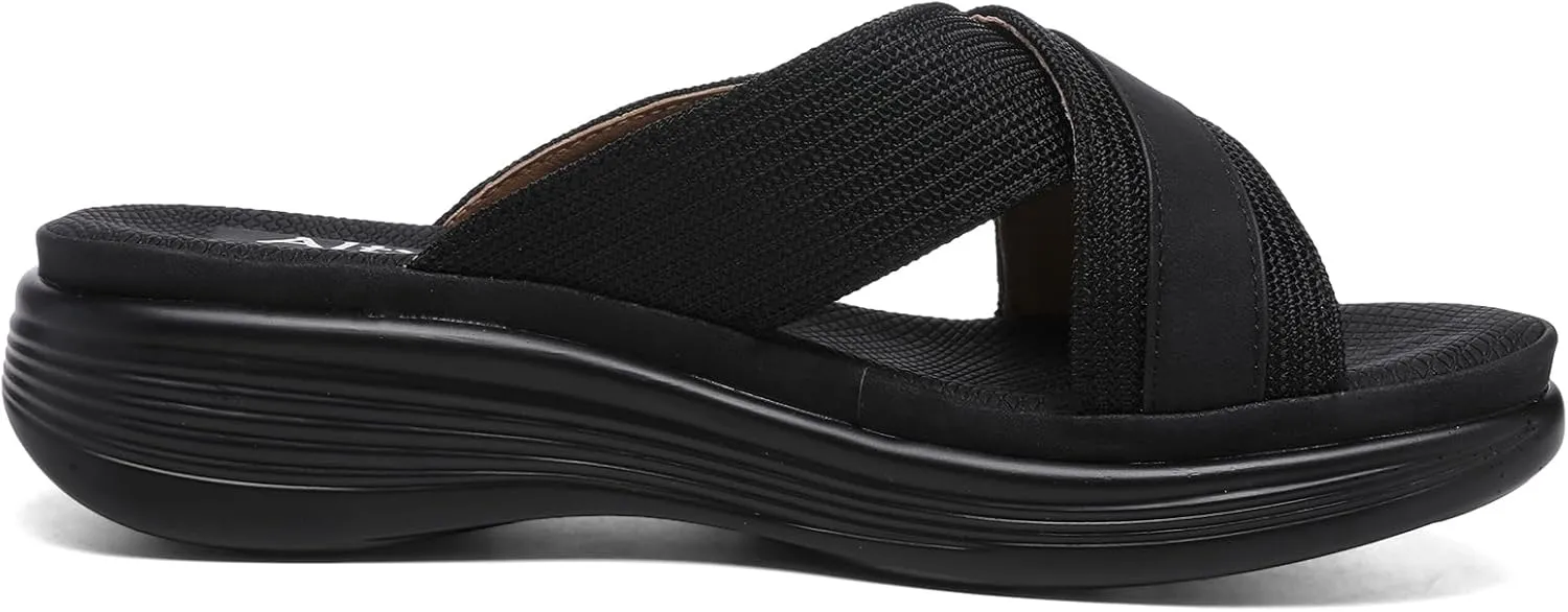 Altxic Women's Open Toe Crisscross Woven Comfy Casual Slip On Casual Walking Sport Slide Sandals With Adjustable Buckle Strap Summer Beach Shoe