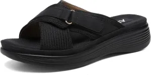 Altxic Women's Open Toe Crisscross Woven Comfy Casual Slip On Casual Walking Sport Slide Sandals With Adjustable Buckle Strap Summer Beach Shoe