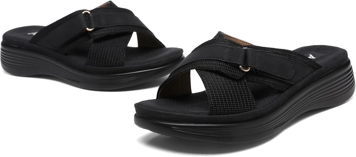 Altxic Women's Open Toe Crisscross Woven Comfy Casual Slip On Casual Walking Sport Slide Sandals With Adjustable Buckle Strap Summer Beach Shoe