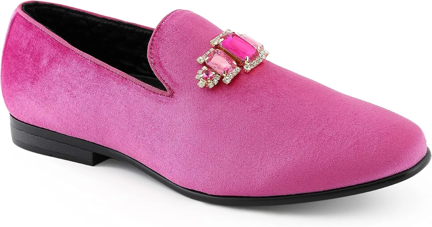 Amali Tiago- The Original Men's Faux Velvet Slip On Loafer with Jeweled Bit and Matching Piping - Mens Smoking Slip On Shoes - Formal Tuxedo Dress Shoe Loafers for Men