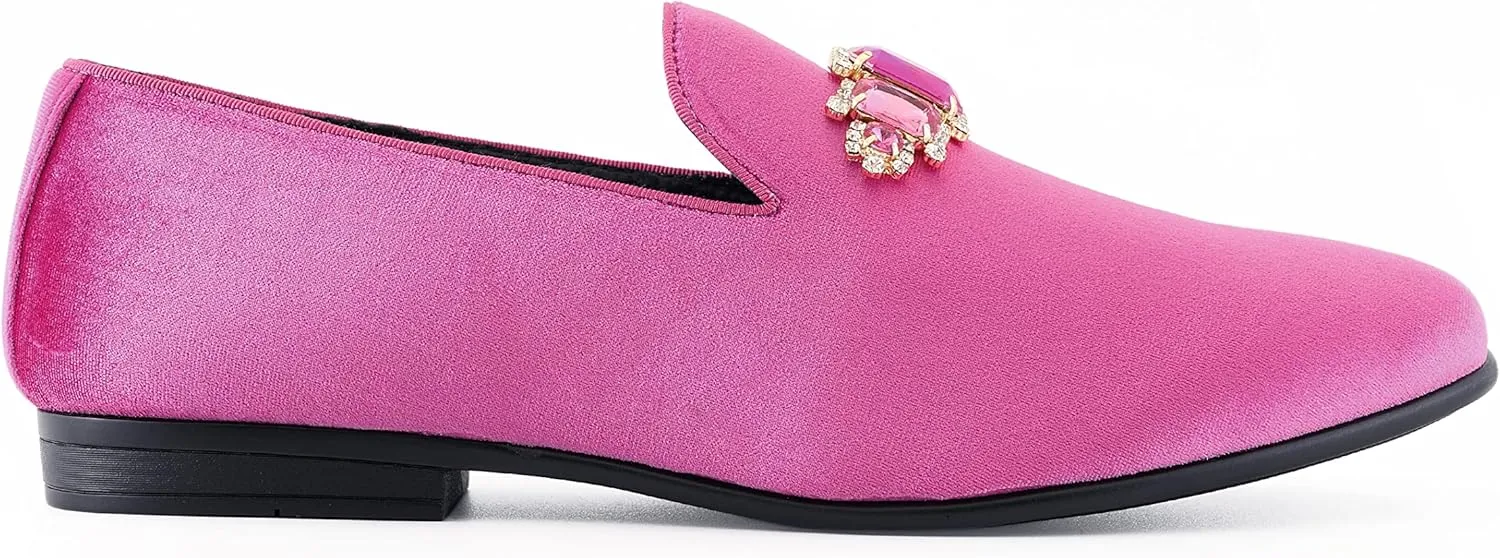 Amali Tiago- The Original Men's Faux Velvet Slip On Loafer with Jeweled Bit and Matching Piping - Mens Smoking Slip On Shoes - Formal Tuxedo Dress Shoe Loafers for Men
