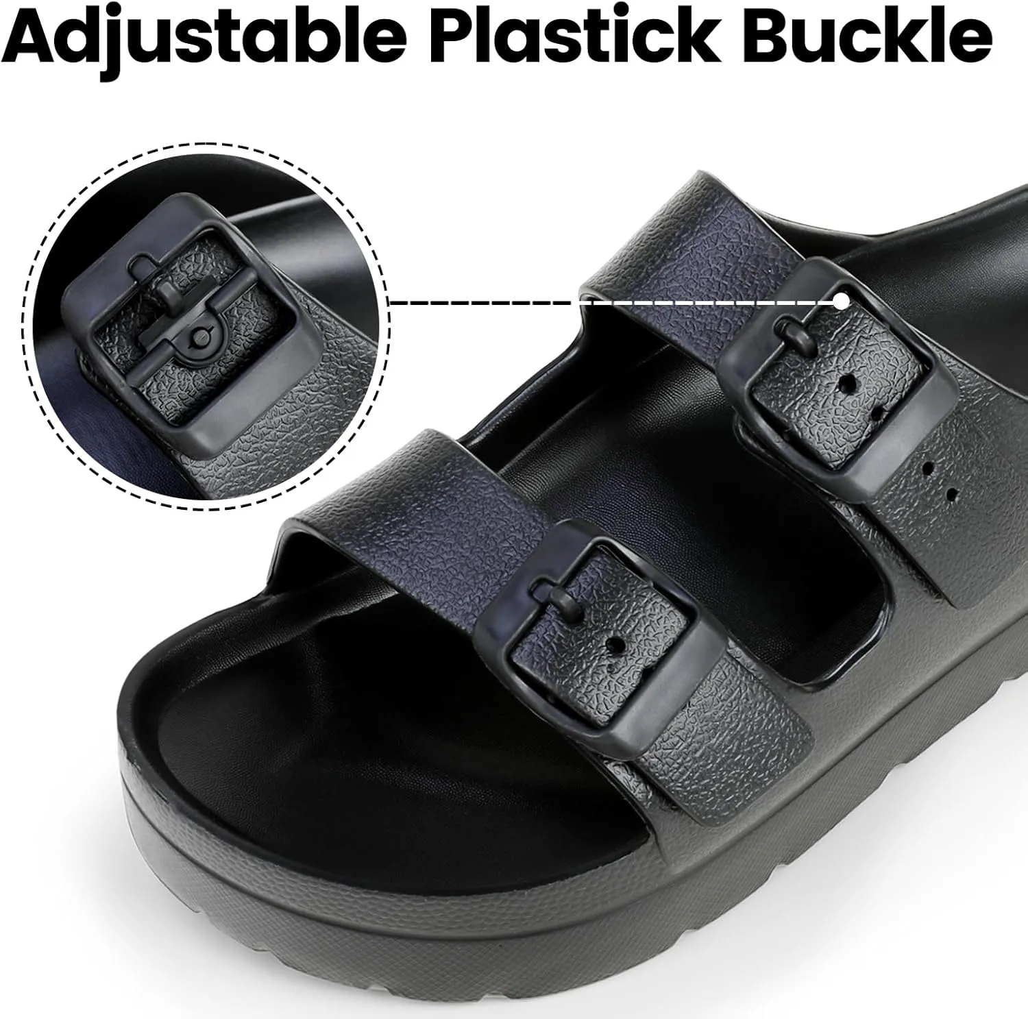 Amporles Women's Platform Sandals with Arch Support – Wide Width Adjustable Buckle Slides for Beach, Casual, & Indoor Comfort (Black)