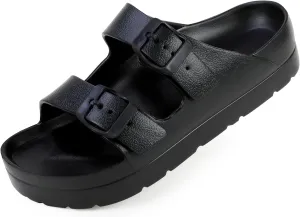 Amporles Women's Platform Sandals with Arch Support – Wide Width Adjustable Buckle Slides for Beach, Casual, & Indoor Comfort (Black)