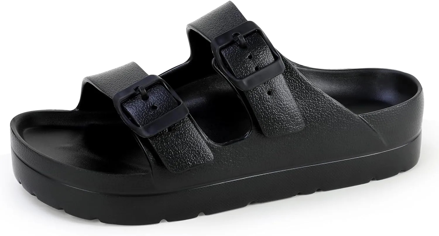 Amporles Women's Platform Sandals with Arch Support – Wide Width Adjustable Buckle Slides for Beach, Casual, & Indoor Comfort (Black)