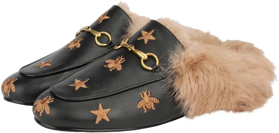 Arqa Fur Mules for Women Comfortable Leather Buckle Mule Flats Furry Padded Backless Loafers Casual Slides Shoes