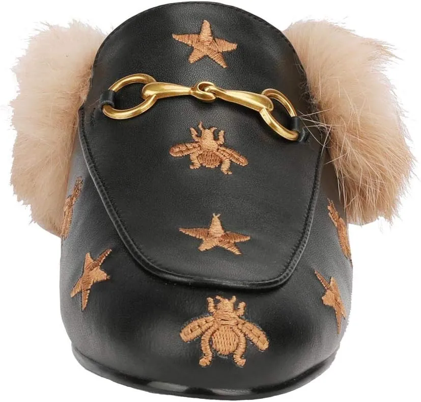 Arqa Fur Mules for Women Comfortable Leather Buckle Mule Flats Furry Padded Backless Loafers Casual Slides Shoes