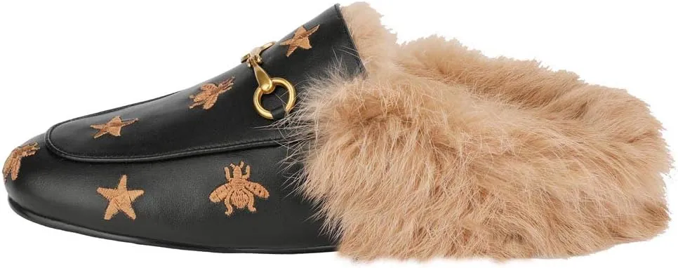 Arqa Fur Mules for Women Comfortable Leather Buckle Mule Flats Furry Padded Backless Loafers Casual Slides Shoes