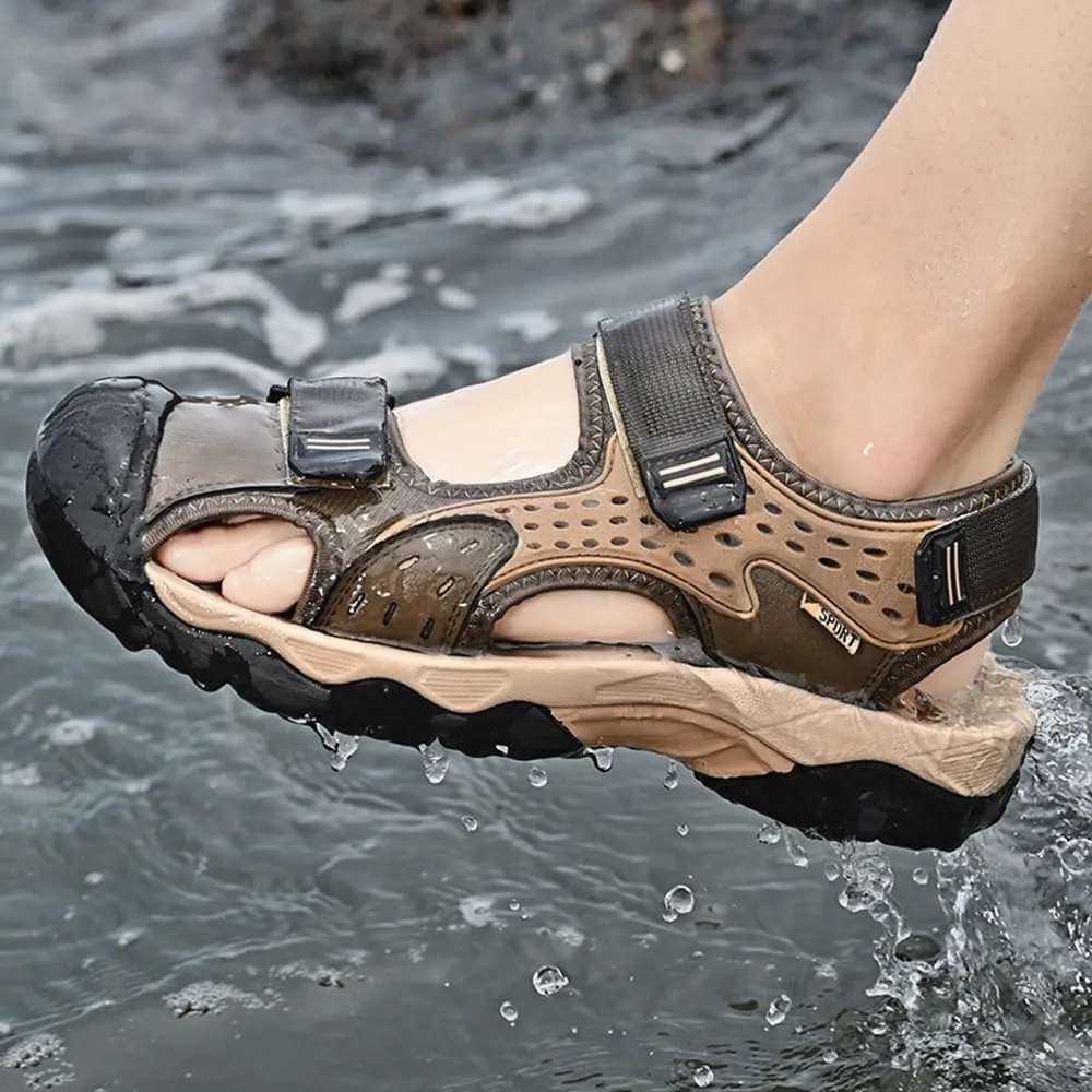 Asifn Men's Casual Sandals Closed Toe Outdoor Athletic Hiking Walking Lightweight Leather Breathable Non-slip Beach Water Shoes