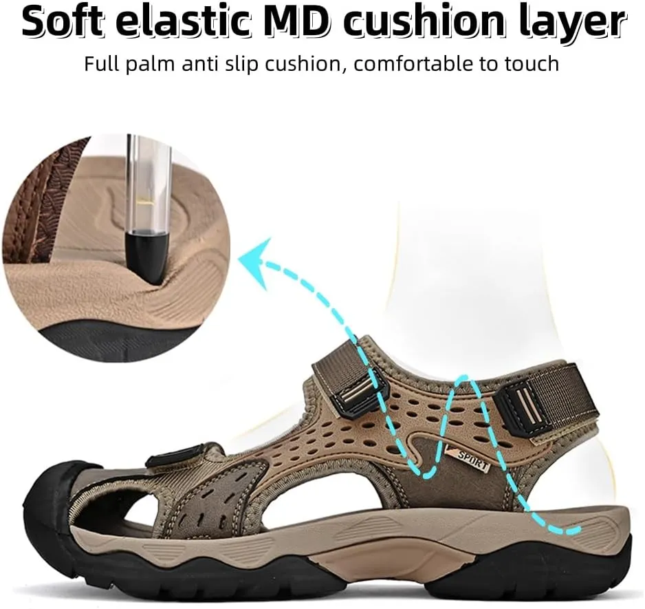 Asifn Men's Casual Sandals Closed Toe Outdoor Athletic Hiking Walking Lightweight Leather Breathable Non-slip Beach Water Shoes