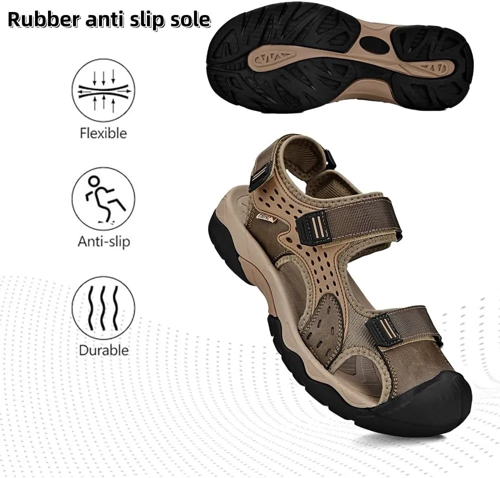 Asifn Men's Casual Sandals Closed Toe Outdoor Athletic Hiking Walking Lightweight Leather Breathable Non-slip Beach Water Shoes