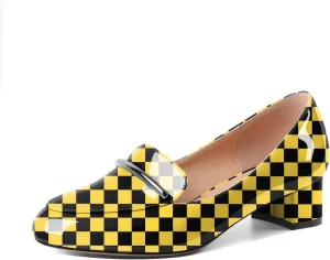 AUMOTED Women Low Block Chunky Heel Pumps Round Toe Slip On 1.5" Closed Toe Loafer Heels Chunky Office Dress Shoes