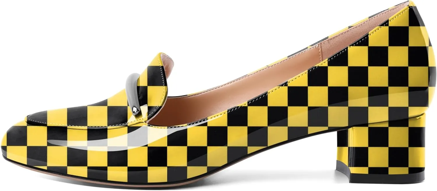 AUMOTED Women Low Block Chunky Heel Pumps Round Toe Slip On 1.5" Closed Toe Loafer Heels Chunky Office Dress Shoes