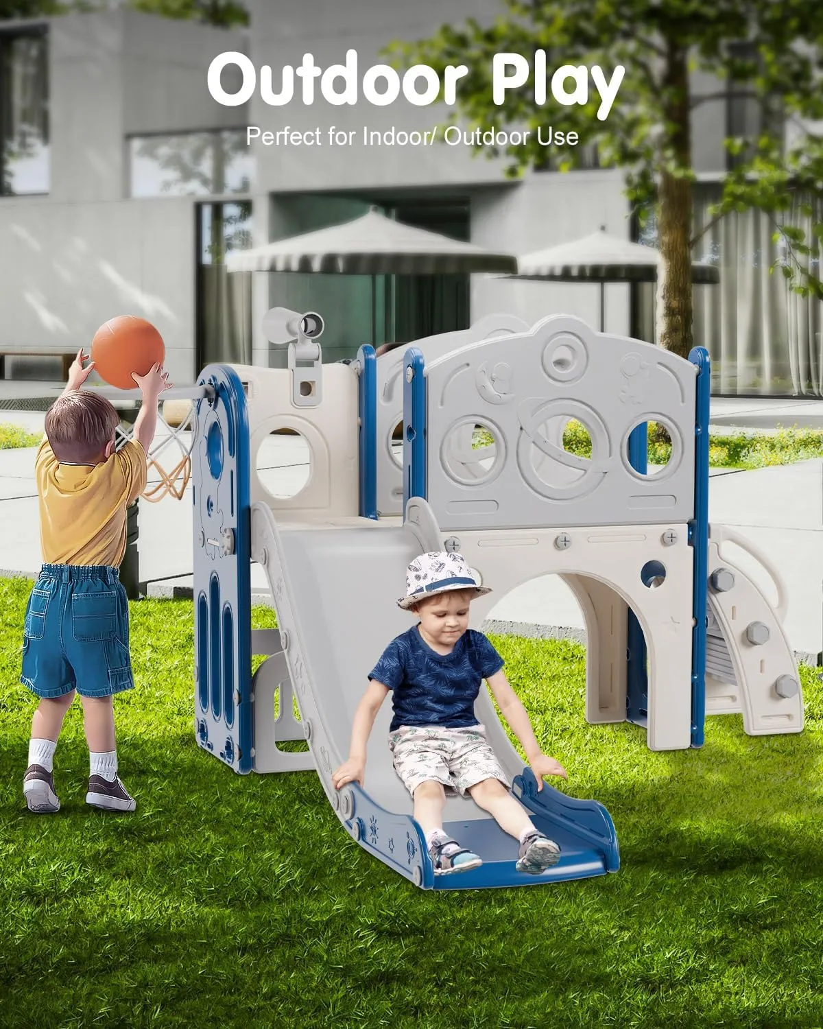 Babytronic Toddler Slide, 8 in 1 Kids Slide with Basketball Hoop, Telescope and Climber, Baby Slide Toddler Playground, Indoor Outdoor Playset for Toddlers Age 1-3, Kids Indoor Playground (Blue&Gray)